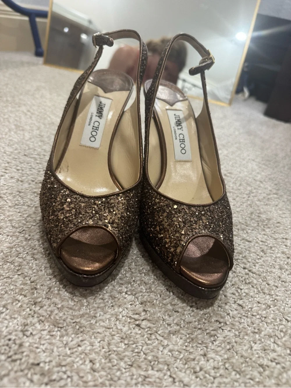 Jimmy Choo Bronze Glitter Peep-Toe Slingback Heels